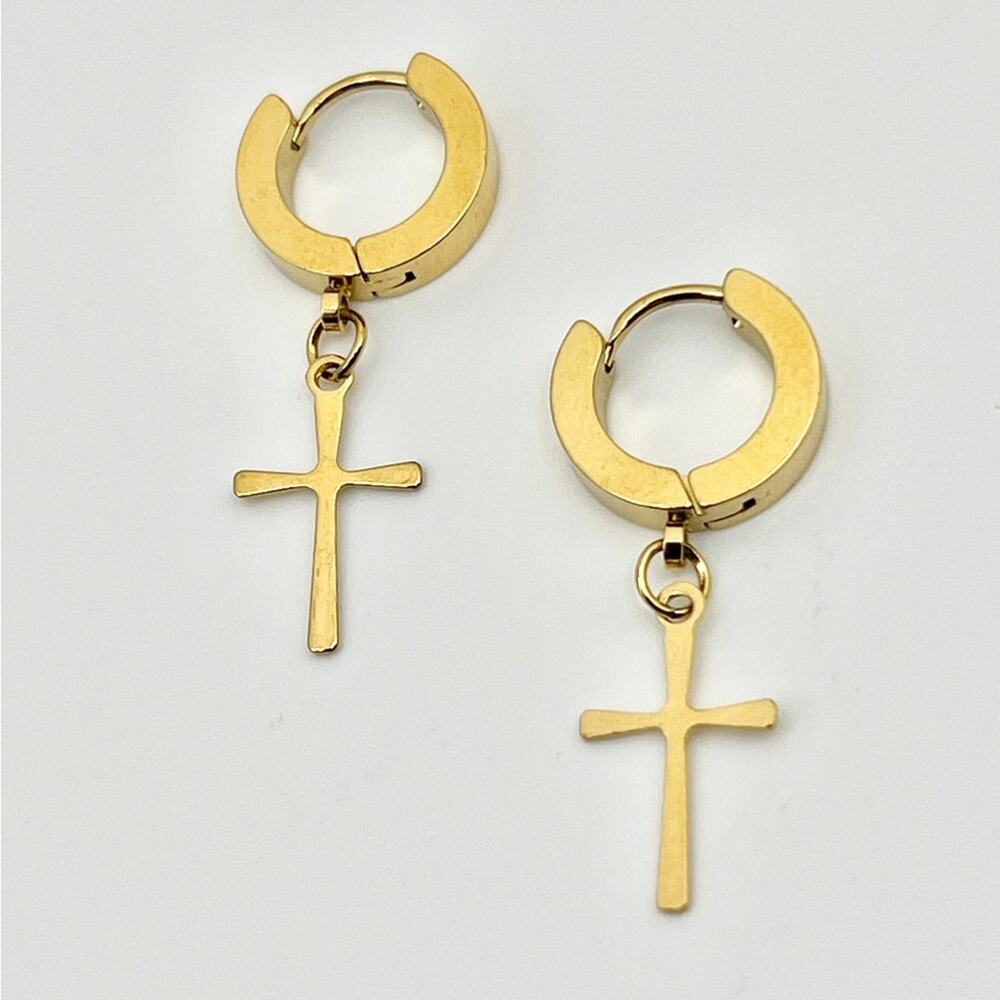 Gold Plated Hoop Earrings with Cross Charm